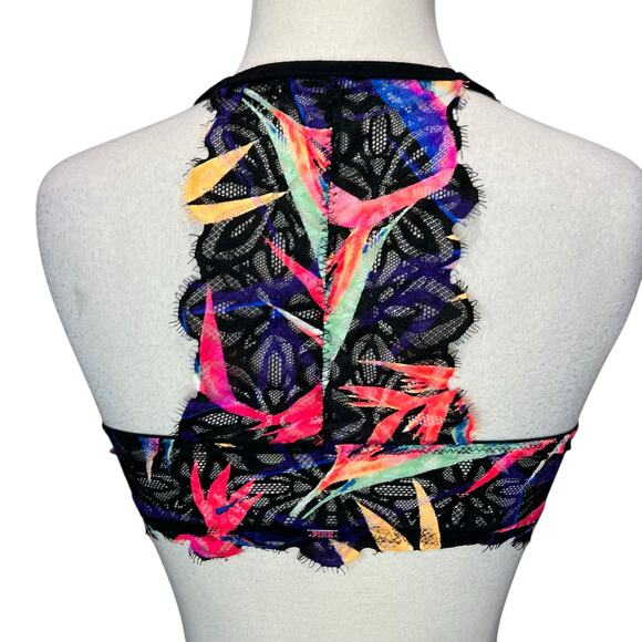 VS PINK Push Up Bra 34B Black Lace Tropical Halter Racerback Front Closure NEW - Picture 4 of 9